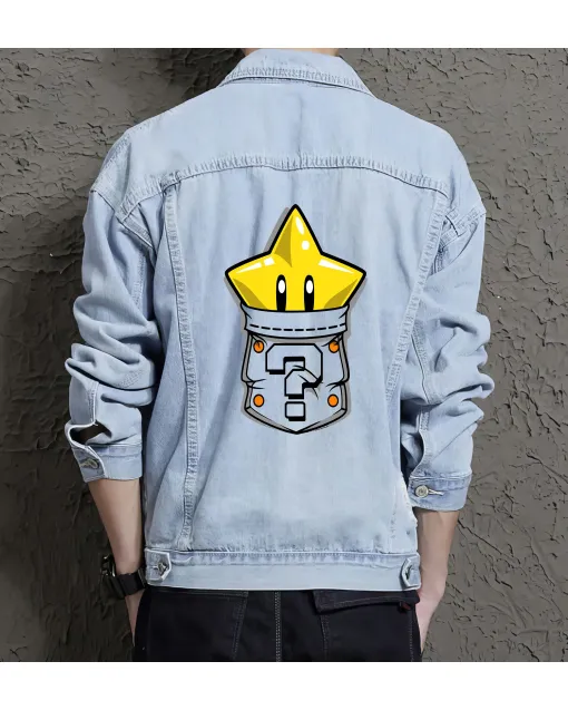 Men's Jean Jacket - Retro Star Theme - Gift for Fans - Vintage Look - Christmas Present - Light Blue - Main View