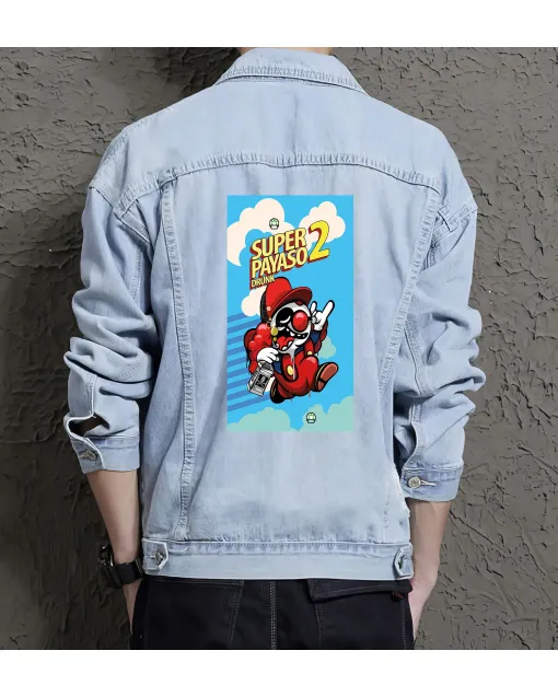 Men's Jean Jacket - Retro Super Payaso Drunk - Gift for Fans - Vintage Look - Christmas Present - Light Blue - Main View