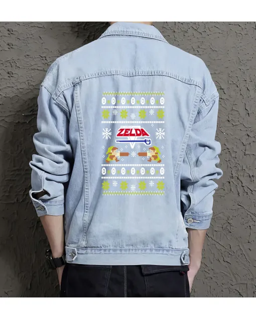Men's Jean Jacket - Retro Zelda Theme - Gift for Fans - Vintage Look - Christmas Present - Light Blue - Main View