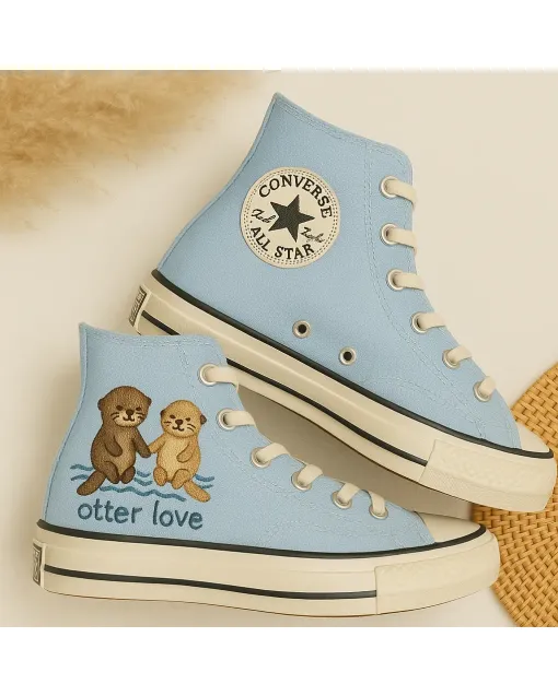 Pastel Otter Embroidered Sneakers for Women and Pet Lovers – Cute and Unique Design for Casual Outings, Everyday Wear - Custom Embroidered - Main View