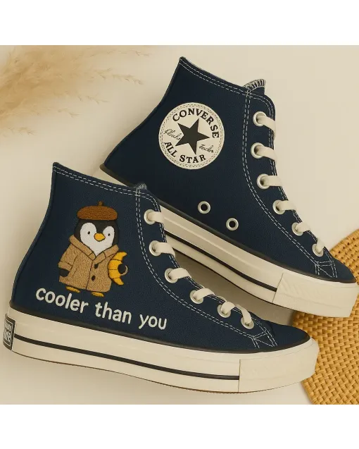 Penguin Print Sneakers for Women – Trendy Footwear for Casual Outings, Weekend Brunches – Perfect Gift for Animal Lovers - Custom Embroidered - Main View