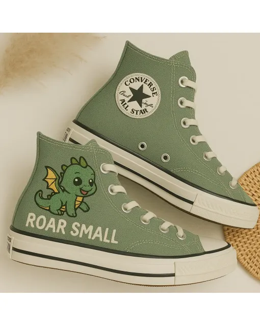 Playful Dragon Sage Green Sneakers for Trendy Fashionistas, Street Style Lovers – Unique Design for Casual Outings, Everyday Wear - Custom Embroidered - Main View