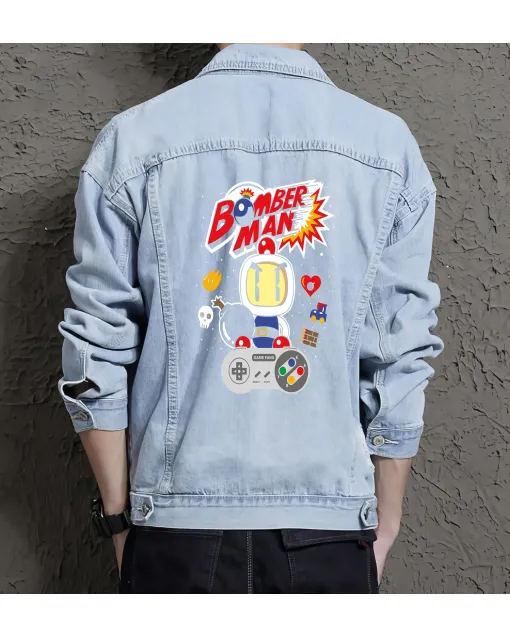Retro Bommer Man Denim Jacket for Men - Gift for Video Game Fans - Christmas Gift - Light Blue - Main View