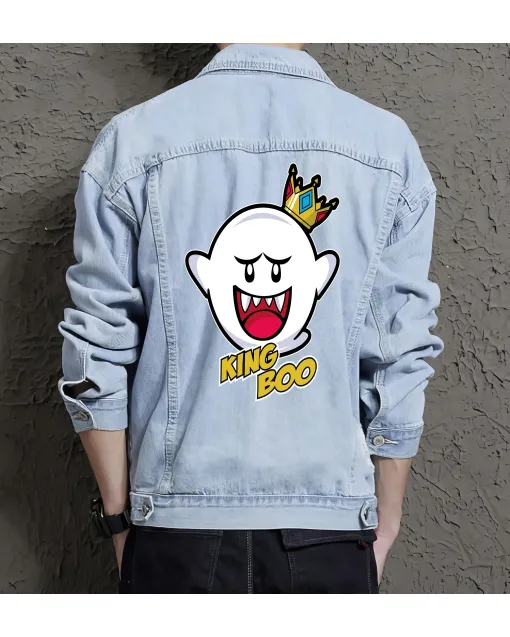 Retro King Boo Denim Jacket for Men – Nintendo Gift – Halloween Costume - Light Blue - Main View