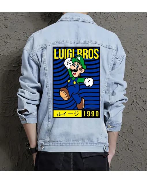 Retro Mario 1990 Denim Jacket for Men - Gift for Gamers - Nostalgic Collectible - Light Blue - Main View