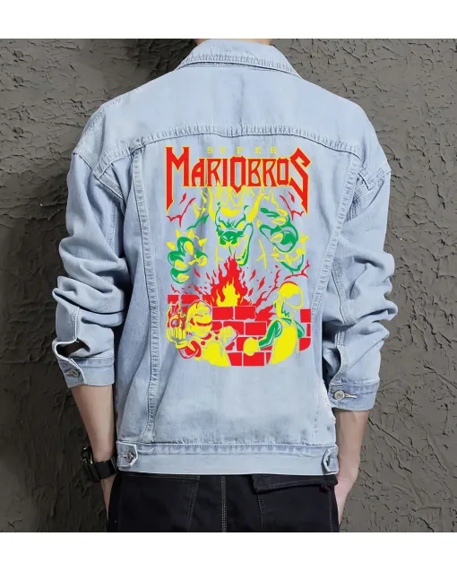 Retro Mario Denim Jacket for Men – Gaming Gift – Christmas Present - Light Blue - Main View