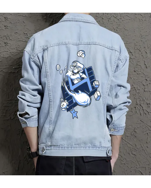 Retro Mario Denim Jacket for Men - Gift for Fans - Gaming Collection - Light Blue - Main View