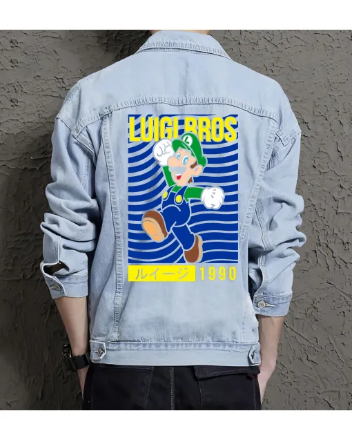 Retro Mario Denim Jacket for Men – Gift for Fans – Retro Gaming Event - Light Blue - Main View