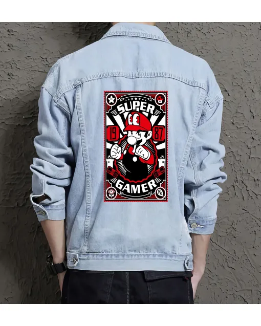 Retro Mario Denim Jacket for Men - Gift for Gamers - Birthday Present - Light Blue - Main View
