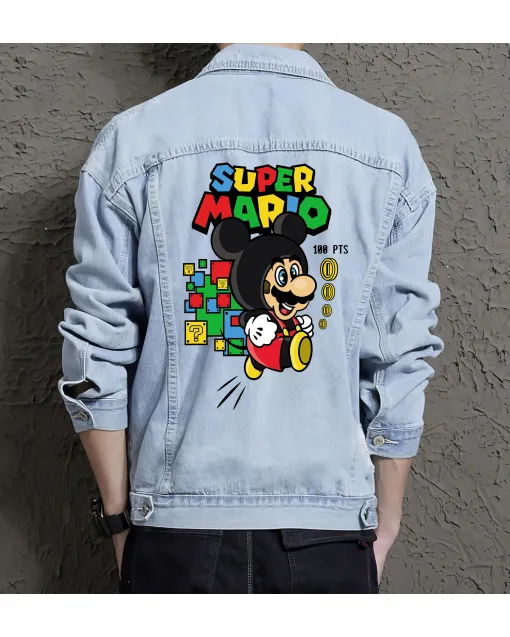 Retro Mario Denim Jacket for Men - Gift for Gamers - Birthday Present - Light Blue - Main View