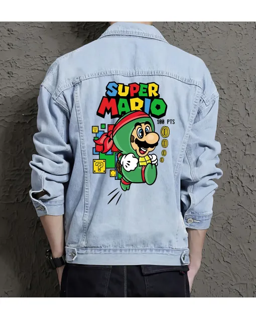 Retro Mario Denim Jacket for Men – Gift for Gamers – Christmas Gift - Light Blue - Main View