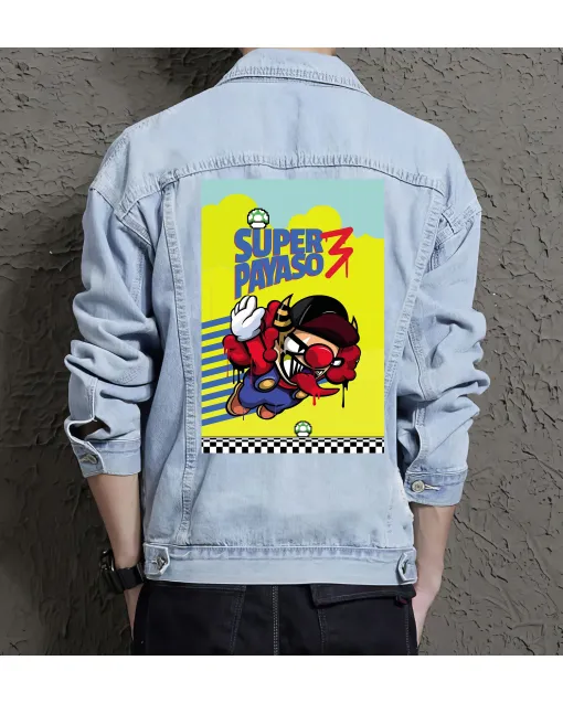 Retro Mario Denim Jacket for Men – Gift for Gamers – Christmas Present - Light Blue - Main View