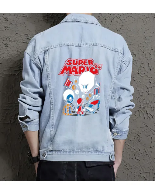 Retro Mario Denim Jacket for Men - Gift for Gamers - Christmas Gift - Light Blue - Main View