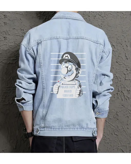 Retro Mario Denim Jacket for Men – Gift for Gamers – Retro Gaming Fans - Light Blue - Main View