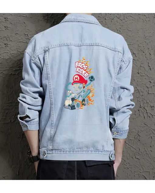Retro Mario Denim Jacket for Men - Gift for Gamers - Retro Gaming Enthusiast - Light Blue - Main View