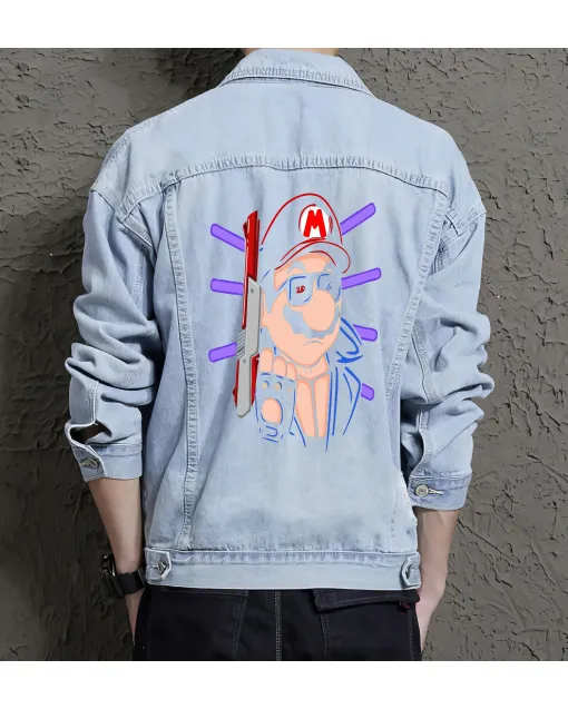 Retro Mario Denim Jacket for Men - Gift for Gamers - Video Game Fan - Light Blue - Main View