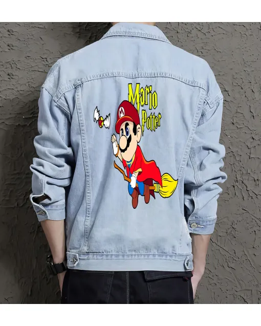 Retro Mario Denim Jacket for Men – Gift for Gamers – Video Game Enthusiast - Light Blue - Main View
