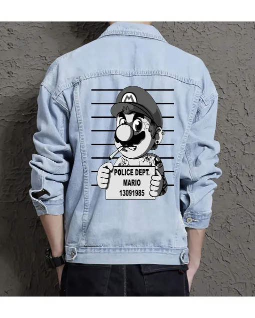 Retro Mario Denim Jacket for Men – Gift for Gaming Enthusiasts – Christmas Gift - Light Blue - Main View