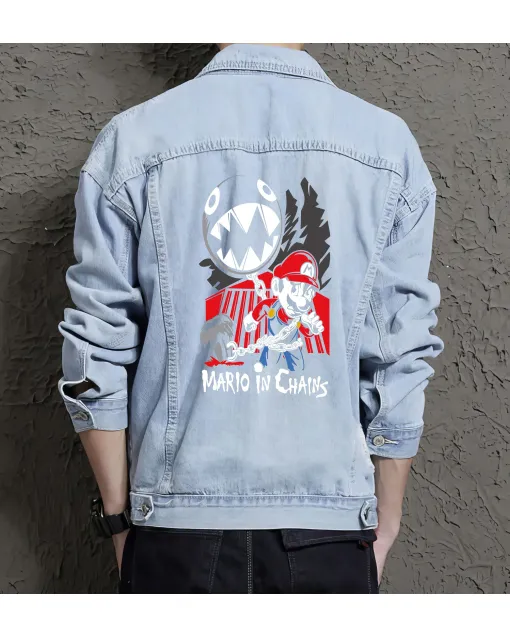 Retro Mario Denim Jacket for Men – Gift for Gaming Fans – Christmas Present - Light Blue - Main View