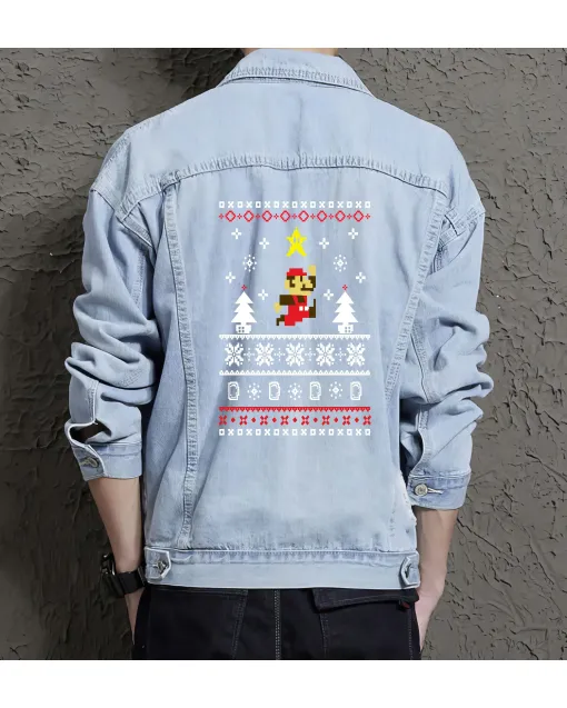 Retro Mario Denim Jacket for Men – Gift for Nintendo Fans – Christmas Gift - Light Blue - Main View