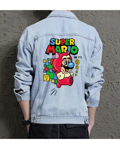 Retro Mario Denim Jacket for Men – Gift for Nintendo Fans – Christmas Present - Light Blue - Main View