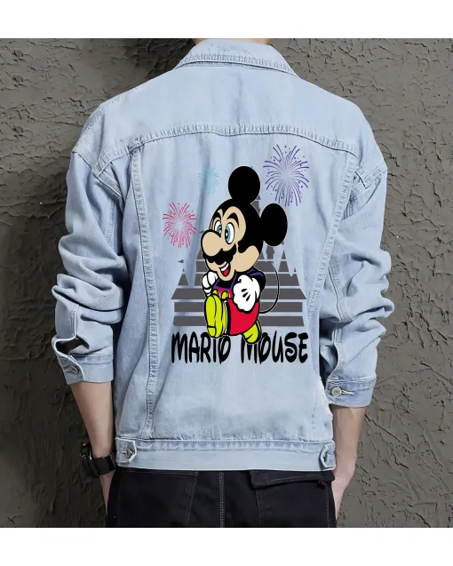Retro Mario Denim Jacket for Men - Gift for Nintendo Fans - Christmas Gift - Light Blue - Main View