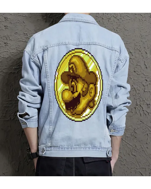 Retro Mario Denim Jacket for Men - Gift for Nintendo Fans - Christmas Gift - Light Blue - Main View