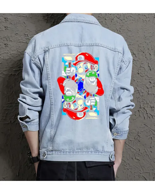 Retro Mario Denim Jacket for Men - Gift for Nintendo Fans - Christmas Gift - Light Blue - Main View