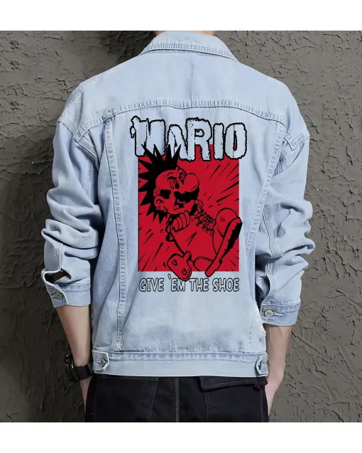 Retro Mario Denim Jacket for Men – Gift for Nintendo Fans – Christmas Gift - Light Blue - Main View