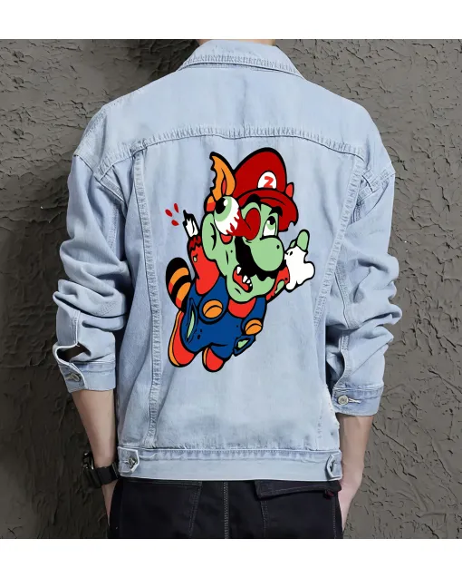 Retro Mario Denim Jacket for Men – Gift for Nintendo Fans – Christmas Gift - Light Blue - Main View