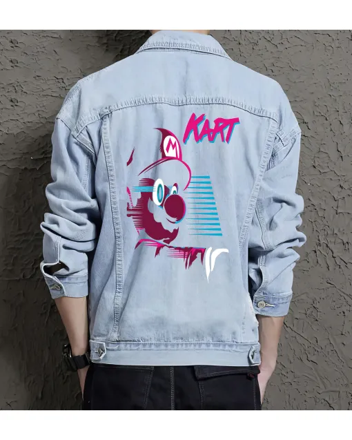 Retro Mario Denim Jacket for Men - Gift for Nintendo Fans - Christmas Gift - Light Blue - Main View