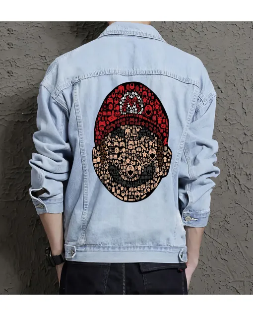 Retro Mario Denim Jacket for Men – Gift for Nintendo Fans – Christmas Gift - Light Blue - Main View