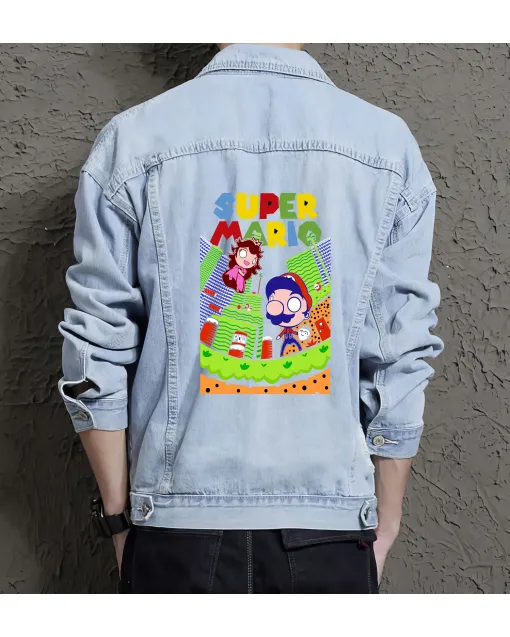 Retro Mario Denim Jacket for Men - Gift for Nintendo Fans - Christmas Gift - Light Blue - Main View
