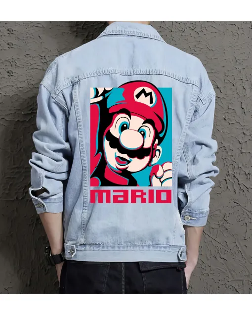 Retro Mario Denim Jacket for Men - Gift for Nintendo Fans - Christmas Present - Light Blue - Main View