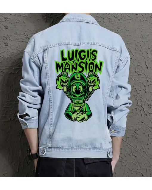 Retro Mario Denim Jacket for Men – Gift for Nintendo Fans – Christmas Present - Light Blue - Main View