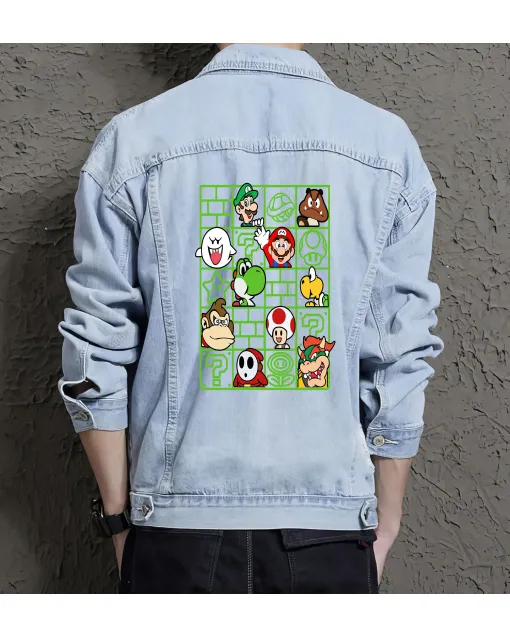 Retro Mario Denim Jacket for Men - Gift for Nintendo Fans - Christmas Present - Light Blue - Main View