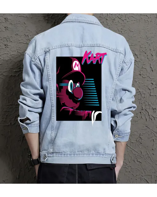 Retro Mario Denim Jacket for Men – Gift for Video Game Fans – Christmas Gift - Light Blue - Main View