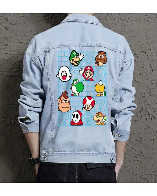 Retro Mario Denim Jacket for Men – Gift for Video Game Fans – Christmas Gift - Light Blue - Main View