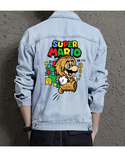 Retro Mario Denim Jacket for Men – Gift for Video Game Fans – Christmas Gift - Light Blue - Main View
