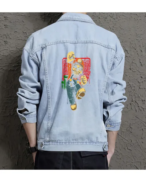 Retro Mario Denim Jacket for Men – Gift for Video Game Fans – Christmas Gift - Light Blue - Main View