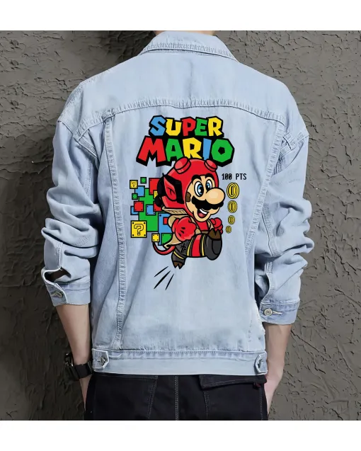 Retro Mario Denim Jacket for Men - Gift for Video Game Fans - Christmas Gift - Light Blue - Main View
