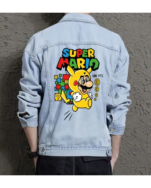 Retro Mario Denim Jacket for Men - Gift for Video Game Fans - Christmas Present - Light Blue - Main View