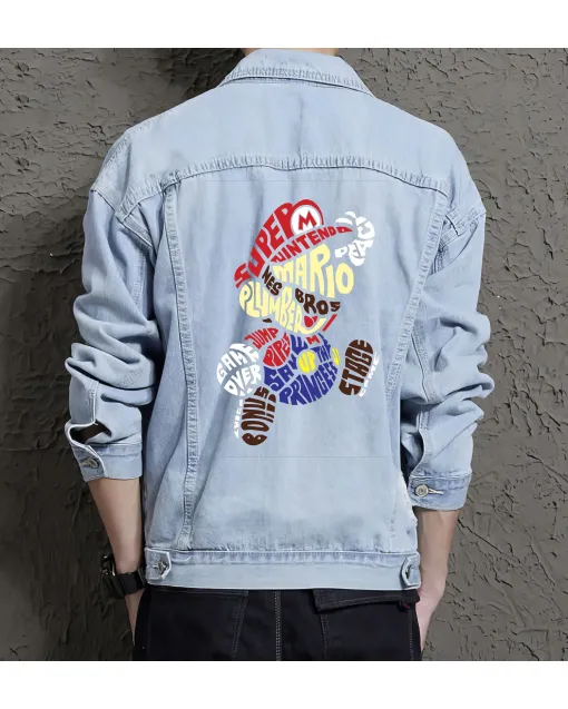 Retro Mario Denim Jacket for Men - Perfect Gift for Video Game Enthusiasts - Christmas Present - Light Blue - Main View