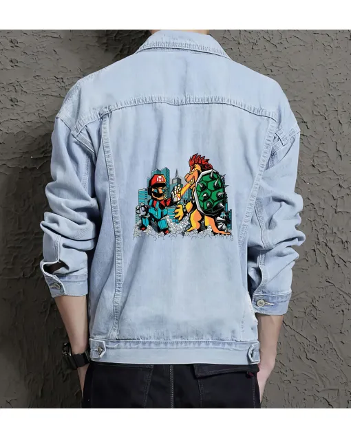 Retro Mario Denim Jacket for Men - Perfect Gift for Video Game Fans - Christmas Gift - Light Blue - Main View