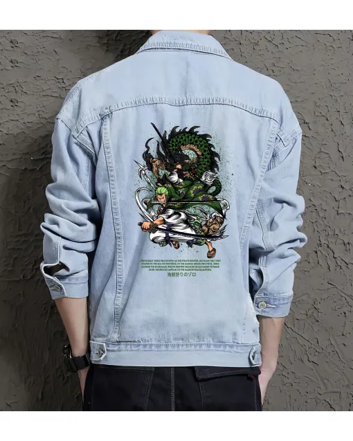 Roronoa Zoro Jean Jacket for Men – Gift for Anime Fans – Birthday Present - Light Blue - Main View