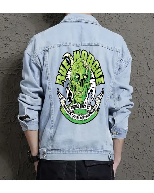 Rue Morgue Jean Jacket for Men – Gift for Streetwear Fans – Birthday Present - Light Blue - Main View