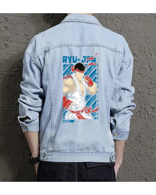 Ryu-jpn Street Fighter Denim Jacket - Stylish Gift for Gamers - Men's Retro Outerwear - Birthday Present - Light Blue - Main View