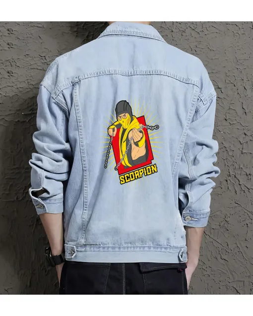 Scorpion Street Fighter Denim Jacket - Gaming Gift for Men - Retro Style - Birthday Present - Light Blue - Main View