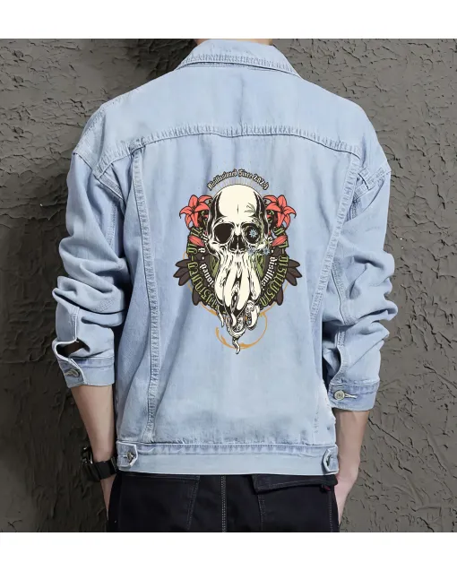 Skull Denim Jacket for Men - Gift for Skull Collectors - Halloween Costume - Light Blue - Main View