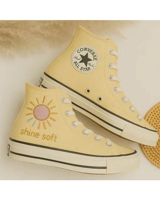 Sun Embroidered Yellow Canvas Sneakers for Trendsetters, Fashionistas, Summer Lovers – Stand Out in Style for Casual Outings, Beach Trips - Custom Embroidered - Main View